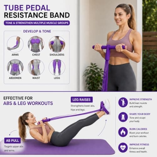 WANVE Pedal Resistance Band with Handle, 6-Tube, Home Workout Full Body Exercise, Pilates & Yoga, Foot Resistance Training Band with Handles for Arms, Legs, Abs & Waist — view 3