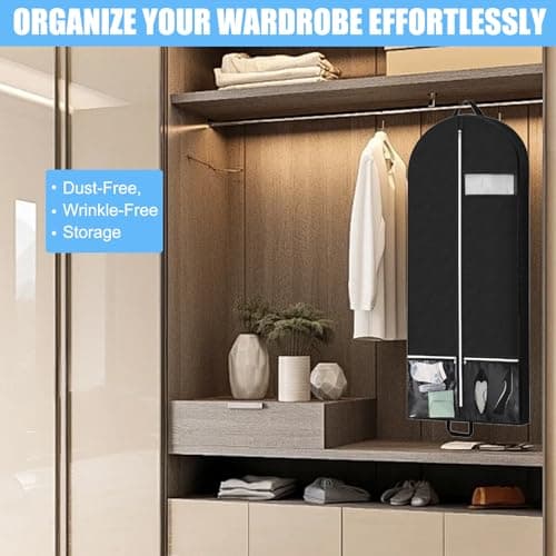 2 Pack Garment Bags for Hanging Clothes, 54x23x4 Inch Foldable Suit Cover with Clear Zipper Pockets & Handles, Heavy Duty Storage Carriers for Travel, Suit, Coat, Dress, Black — view 5