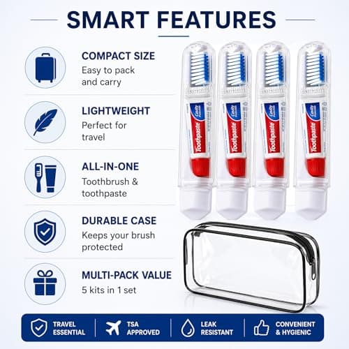 Travel Toothbrush Set of 5 with Mini Toothpaste & Clear Waterproof PVC Bag – Portable Compact Toothbrush Kit for Travel, Holidays, Camping, Business Trips, Gym, Overnight Stays & Family Use — view 4