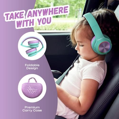 PowerLocus Kids Headphones, Bluetooth Headphones Over Ear for Kids, LED Lights, 74/85/94dB Safe Volume Limit Headphone, Micro SD/TF, Foldable with Hi-Fi Stereo, Built-in Mic for School/Tablet/Travel — view 6