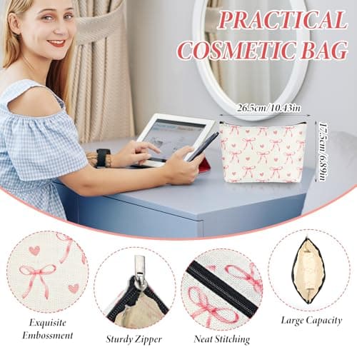 1Pcs Pink Bow Makeup Bag for Women Girls, Cute Coquette Cosmetic Bags, Pink Lovely Heart and Bow Preppy Makeup Pouch with Zipper, Travel Toiletry Bag Gifts for Women Teens Girls, Beige — view 2