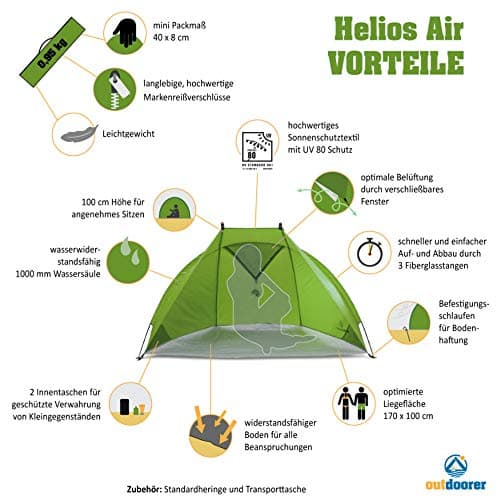 outdoorer Helios Air Beach Shelter Travel Beach Shelter with UV Protection 80 & Lockable Window Beach Tent for Travel (Green) — view 2
