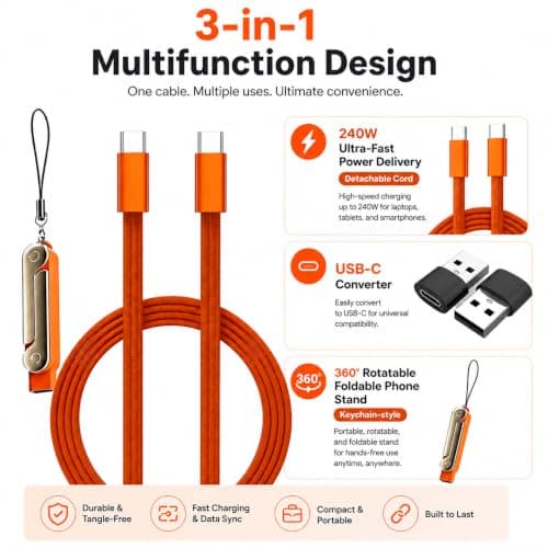 240W USB C to USB C Fast Charging Cable, 3-in-1 Detachable Braided Cord with USB C Converter & Foldable Phone Stand, Compatible with iPhone 16/15, Samsung Galaxy & USB-C Devices (Orange) — view 2