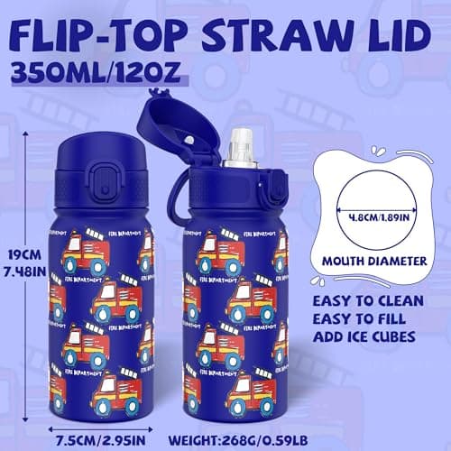 GOPPUS 350ml/12oz Kids Stainless Steel Water Bottle with Straw Toddler Drinks Bottle with Handle Small Insulated Bottles School Cold Metal Flask with Flip Top Lid BPA Free (Blue Fire Engine) — view 2