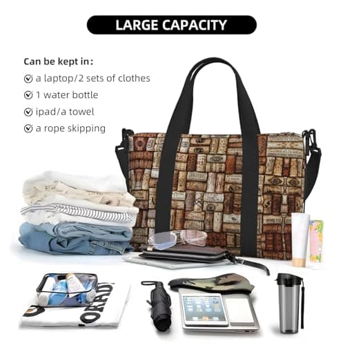 Wine Cork Travel Duffel Bag Carry On Tote Bags For Men,Weekender Overnight Bag,Sports Tote Gym Bag, Black, One Size — view 4