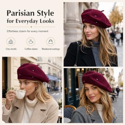 Women Wool Beret with Rhinestones Ladie Solid Color French Style Artist Hat — view 4