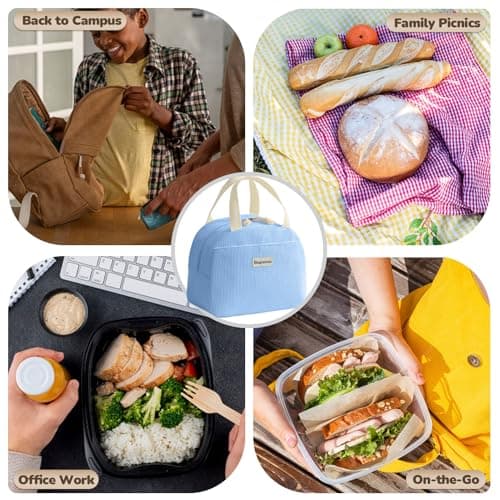 GODWOODS Corduroy Lunch Bag with Cotton Webbing Handles - 6.65L Thermal Insulated Food Tote, Leakproof Reusable Meal Prep Container for Office, Picnics & Travel (25x14x19cm) (Light Blue) — view 2