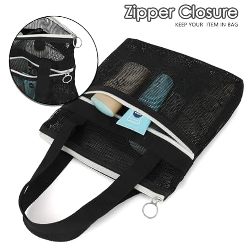 GYEUKHAM Mesh Shower Bag with 2 Zipper Pockets & Dual Handles, Quick-Drying Hanging Shower Caddy for College Essentials,Sunscreen,Dorm, Gym, Travel & Camping, Black — view 3