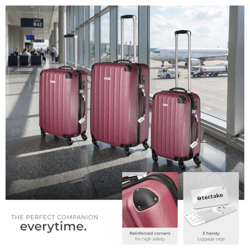 tectake® 3-Piece Hard Shell Suitcase Set in Durable & Shock-Resistant ABS with 3-Step, Telescopic Handles, Combination Locks, Smooth 360° Wheels, Luggage Scale & Tags, Dividable Interiors - Burgundy — view 3