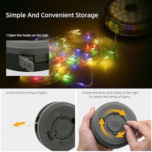 Mcbazel Camping Fairy Lights, 12M/39.4FT 120 LED Retractable Camping String Lights, 10 Modes, 2000mAh USB Rechargeable, IP67 Waterproof, Warm White & Multicolour for Tent Outdoor Garden Camping — view 6