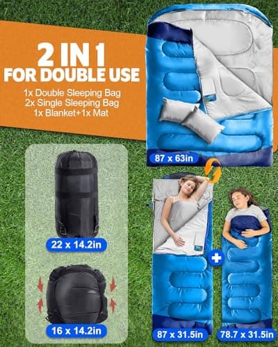 Airoieak Double Sleeping Bag King Size for Adults, 2 Person 4 Season Camping Sleeping Bag with Pillows & Carry Bag for Backpacking Hiking Travel – Blue — view 2