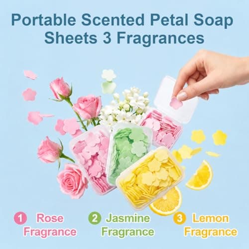 JOVIA Portable Petal Hand Soap Sheets 300PCS, Mini Disposable Scented Hand Soap Sheet with 3 Scents, Dissolving Soap Paper Set for Unisex Women Men Kids Camping Hiking Outdoor Travel Daily Use — view 5