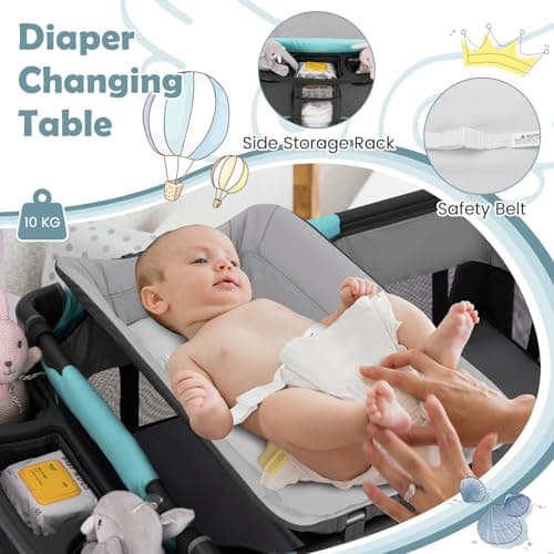 COSTWAY 4 in 1 Foldable Travel Cot, Portable Baby Bed Playard with Bassinet, Changing Table, Cradle, Wheels and Carry Bag, Nursery Center for Boys and Girls (Mint Green) — view 4