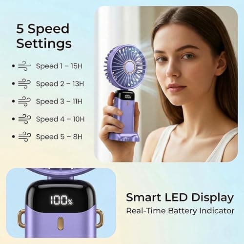 HomlyPro Handheld Fan, 5000mAh Battery-Operated Portable Fan with LED Display, 5 Speeds Strong Airflow & 90° Foldable Design, Small Desk Fans for Home Office Outdoor Travel Essentials (Purple) — view 6