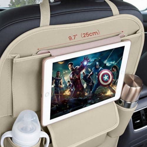 Viaviat Car Seat Organizers Waterproof Backseat Protector with Storage Pocket Large Leather Kick Mats for Kids Pets Automobile SUV Truck (Beige, Large Pocket) — view 4