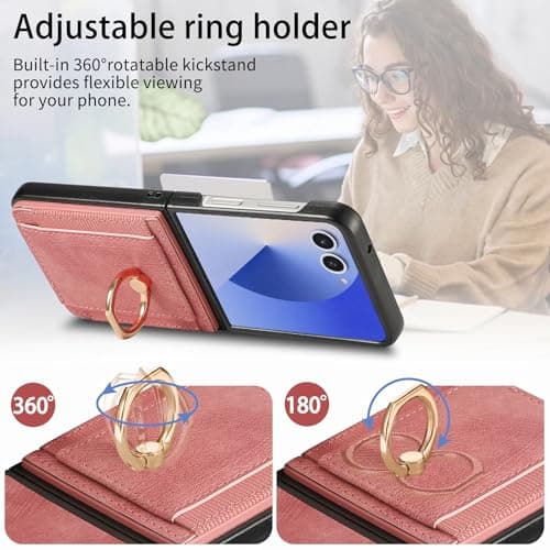 Knoowcase for Samsung Galaxy Z Flip 7 Phone Case Wallet Shockproof Bumper with Ring Holder Card Slots PU Leather Case Anit-Fall Anti-Drop Kickstand Back Cover for Samsung Z Flip 7 Case,Pink — view 6