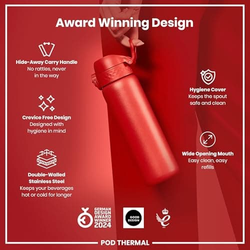Ion8 Vacuum Insulated Steel Water Bottle, 320 ml/11 oz, Leak Proof, Easy to Open, Secure Lock, Dishwasher Safe, Carry Handle, Metal Water Bottle, ThermoShield Stainless Steel, Red — view 6