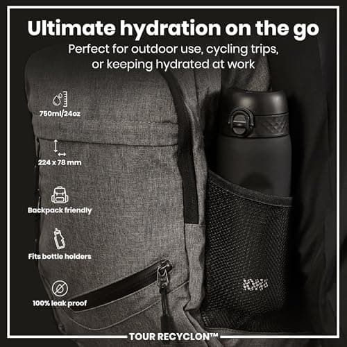 ION8 Sports Water Bottle, 750 ml/24 oz, Leak Proof, Easy to Open, Secure Lock, Dishwasher Safe, BPA Free, Flip Cover, Carry Handle, Soft Touch Contoured Grip, Easy Clean, Odour Free, Black — view 2