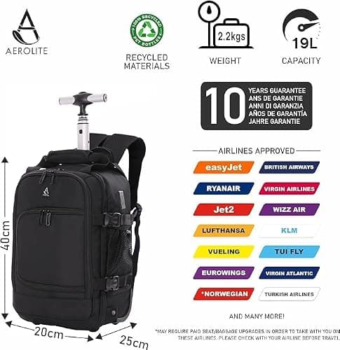 Aerolite 40x20x25cm Ryanair & Wizz Air Trolley Backpack, 2 Wheels — view 3