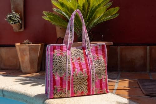 IBOAH Large Quilted Cotton Tote Bag Tiger Print, Beach Travel (Pink and Red) — view 5