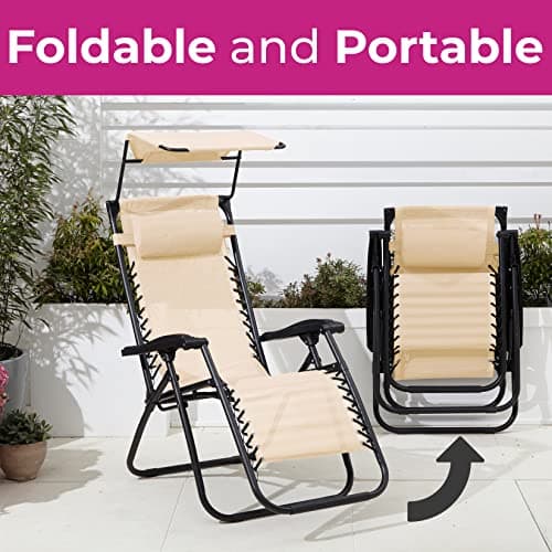 Neo 3pcs Folding Portable Zero Gravity Chairs Sun Lounger Table Set Cup Holders Reclining Garden Patio Outdoor Camping (Cream) — view 4