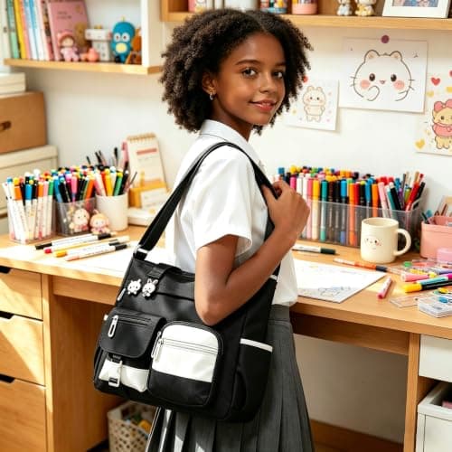 Phaoullzon Crossbody Cute Bag for Teens Kawaii Messenger Purse Nylon Shoulder Tote Bags, Black1, M, Medium — view 2