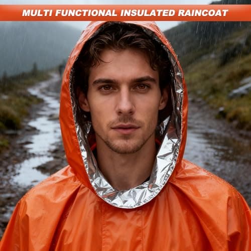 Wihozte Emergency Survival Poncho Foil Blanket Insulation Poncho for Outdoor Survival Family Car Events, 100×130cm Mylar Foil, Windproof Waterproof Insulated, Orange Silver, 2PCS — view 4