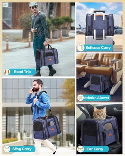 Morpilot Cat Carrier - Airline Approved, Top Opening Portable Dog Bag with Breathable Mesh/Removable Mat, Adjustable Shoulder Strap & Bowl, Foldable Travel Cage, M, Denim Blue (Max 7kg) — view 2