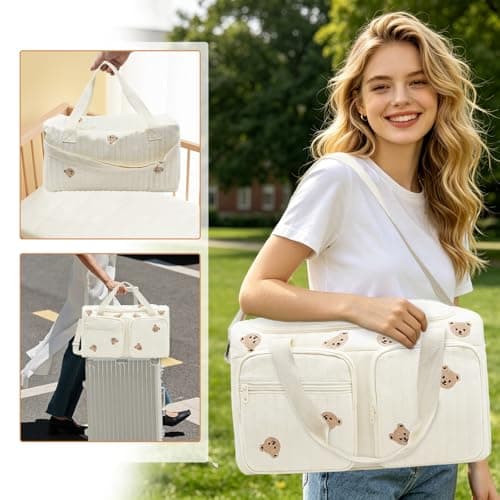 PinDaito Baby Hospital Bag Baby Changing Bag Cotton Large, Hospital Maternity Bag Nappy Bag for Mum, Embroidered Pram Bag with Multiple Pockets, Travel Changing Overnight Tote — view 6
