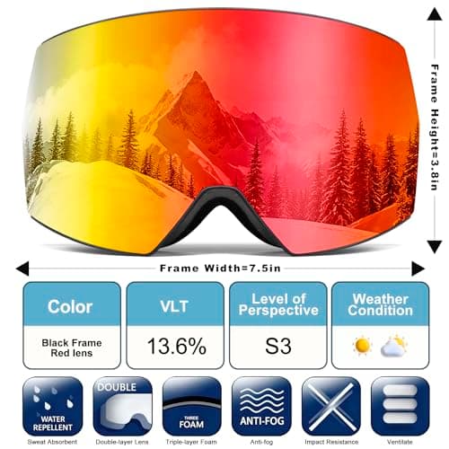 SPOSUNE Ski Goggles OTG Anti-Fog Snow Goggles for Men Women, UV400 Protection Snowboard Goggles for Skiing & Snowboarding — view 3