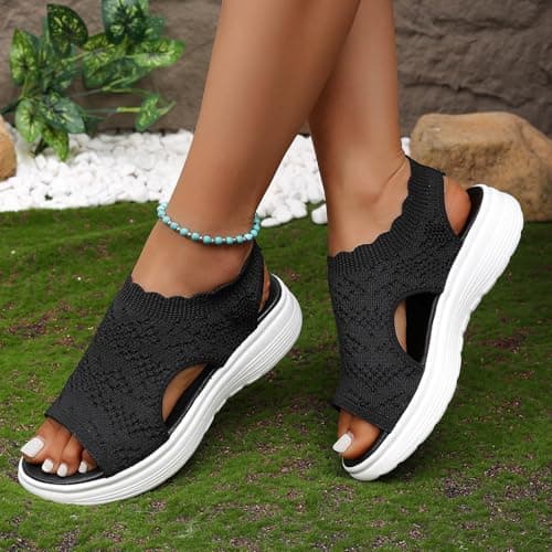 Sandals Women's Breathable Women's Wedge Sandals with Soft Sole Toe Cap Mesh Fabric, Open Toe Fashionable Versatile Summer Shoes, Women's Sandals Summer for Beach Travel, black, 9 UK — view 5