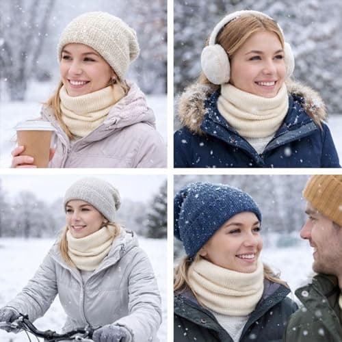 Snood Neck Warmer, Thick Knitted Tube Scarf, Cream And White, 1 Pack — view 5