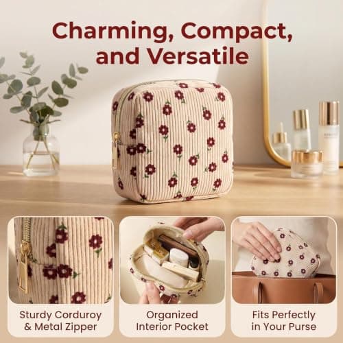 Livzikaroa Small Make Up Bag for Handbag, Red Floral Corduroy Cosmetic Pouch with Metal Zip, 13 X 13 X 4 Cm, 40 G Travel Toiletry and Sanitary Pad Holder for Women — view 6