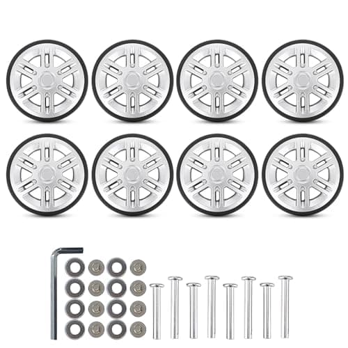 FACAILUO 8Pcs Luggage Replacement Wheels, 60mm Double, Plastic, Silver, Suitable for All Wheeled Suitcases, Easy Installation, 360 Degree Rotation