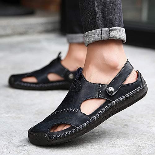 Rojeam Mens Casual Synthetic Leather Sandals Closed Toe Beach Slippers Flat Shoes Summer Sandals for Hiking Trekking, Black, 8.5 UK — view 3