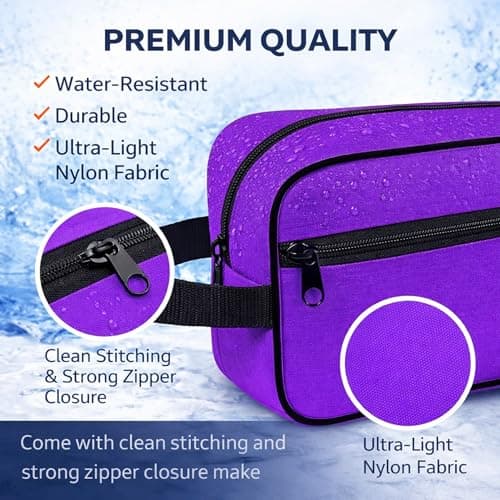 Water-Resistant Toiletry Bag for Men & Women - Lightweight Travel Wash Bag with Multiple Compartments, Compact Dopp Kit Cosmetic Organizer, Durable Nylon Shaving & Makeup Storage Case (Purple) — view 3