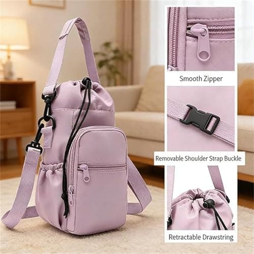 mmfLyuLD Insulated Water Bottle Carrier Bag, Portable Sports Water Bottle with Adjustable Strap, Insulated Waterbottle Holder Bottle Pouch Holder with Phone Pocket for Outdoor Sports Travel (Purple) — view 6