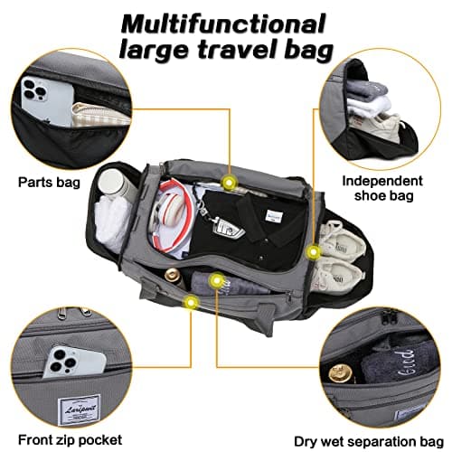 Laripwit Travel Duffle Bag for Men 40L Medium Gym Duffel Backpack with Shoe Compartment & Wet Pocket Sports Holdalls Women Weekend Overnight Bag for Traveling Camping, Grey — view 4