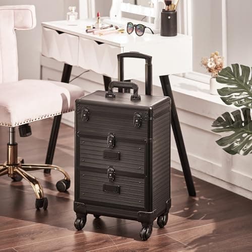 Warmiehomy Makeup Case Makeup Trolley Aluminium Professional Beauty Hairdressing Trolley on Wheels Makeup Organizer Suitcase Cosmetic Storage Box 2 Drawers for Beauty Salon Travel 35*23*49cm（Black） — view 4