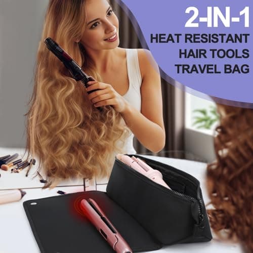 Travel Essentials Neoprene Hair Tools Bag w/Heat Resistant Mat for Flat or Curling Irons, Straighteners Haircare Accessories, Airport Essentials, Gifts for Women Friends Sister for Birthday Black — view 3