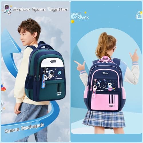 Space Childrens Backpacks for Boys, Multi-Pocket Astronaut Boys School Bags Backpacks with Chest Strap, Dark-Blue+Green — view 2