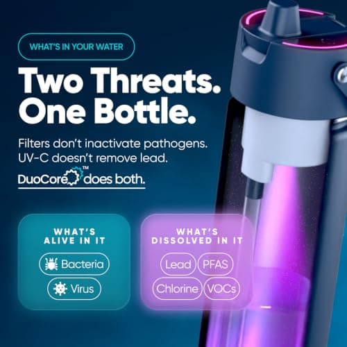 UVBRITE Beam+ Self-Cleaning Water Bottle with Filter, UV-C Sterilization + Lead & PFAS Filtration, 22oz Insulated Stainless Steel Travel Bottle, Auto-Clean Every 6 Hours, SGS Lab-Tested — view 2