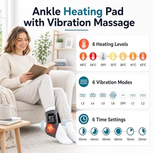 Cordless Heated Foot Ankle Pad with Massage, 4000mAh Rechargeable Heated Ankle Brace with 6 Heat Levels 6 Vibration Modes 6 Time Settings, Adjustable Portable Foot Heat Wrap for Athletes Elderly — view 3