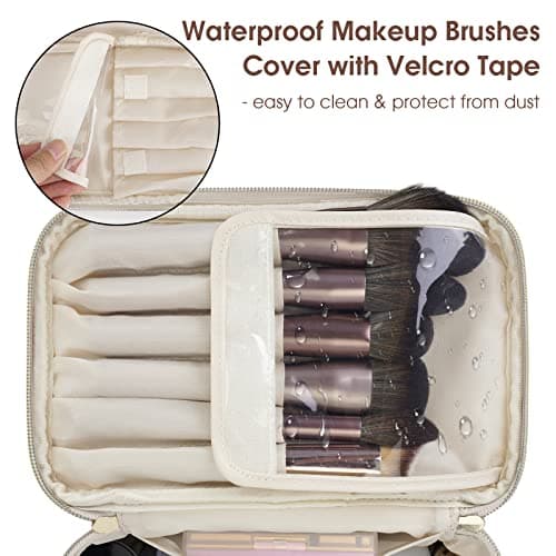 Travel Makeup Bag, Large PU Leather Cosmetic Case with Brush Compartment, Milky White — view 2