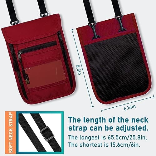 sundee Travel Neck Wallet with Double Zippers, RFID Blocking Passport Holder with Adjustable Neck Strap for Men and Women to Keep Cash, Credit Cards and Travel Documents Safe, Red, Small, Classic — view 5