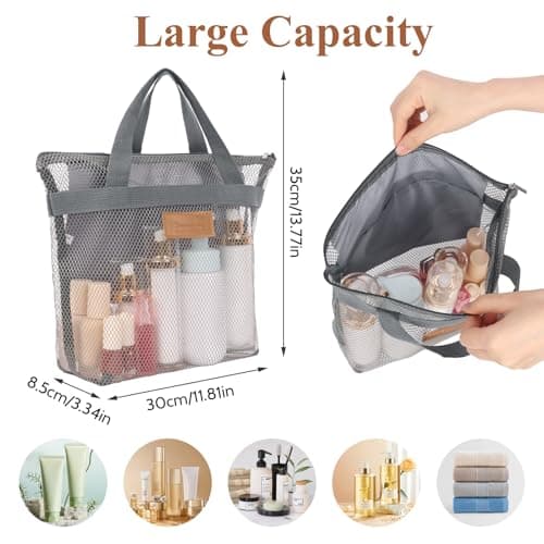Minicoco Shower Caddy Bag with Hanging Hook Large Mesh Toiletry Organiser, Quick Dry Portable Tote for Gym, Swimming Pool & Travel Foldable, Waterproof Base (Grey) — view 5