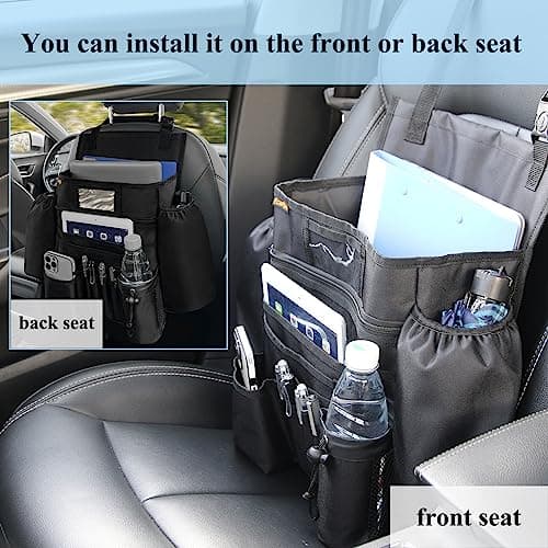 ECWKVN Car Front Seat Organiser -Car File Patrol Bag,Heavy Duty Passenger Tidy Backseat Organiser-Vehicle Storage Bag with 10 Multi Pockets for Laptops Tablet Cup Holder,Black — view 4