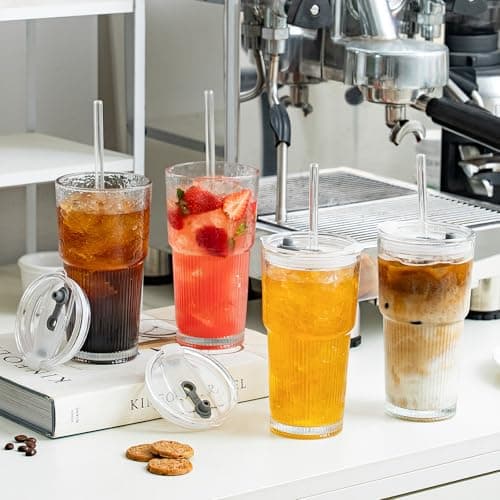 SoulTimes 600ml Ribbed Glass Tumblers with Lids and Glass Straws, Set of 2 – Leakproof Design, Durable Drinking Glasses for Iced Coffee, Juice, Smoothies & Cold Beverages, Includes Cleaning Brush — view 2