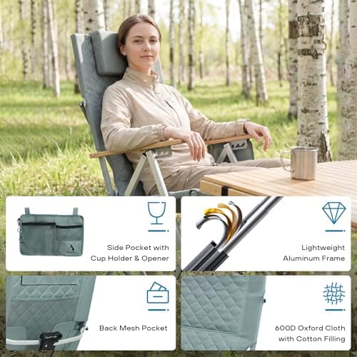 ARURU Aluminum Luxury Camping Chair for Adults Heavy Duty 150KG with 4-Position Adjustable High Back Folding Garden Patio Reclining Outdoor Recliner Deck Chair with Side Pocket(Cyan, 1Pack) — view 4