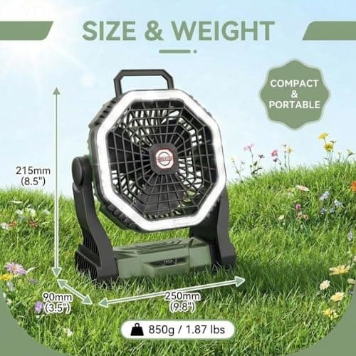 Camping Fan 10000mAh Battery Operated with Light - 4-Speed Rechargeable Tent Fan for Outdoor - Hanging Hook & Tilting Head Design - Multi-Use Desktop Cooling Fan for Camping, Hiking, Fishing (Green) — view 2